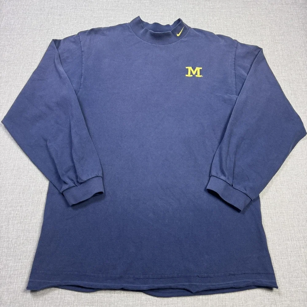 Nike Vintage 90s Michigan Wolverines Mock Neck Long Sleeve Shirt Men Medium Blue